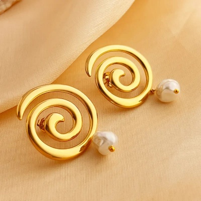 Aretes espiral con perla, acero inoxidable Bafy joyeria.